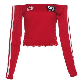 Off shoulder long sleeve lace hem embroidery top