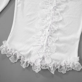 Long sleeve lace hem button ribbed u neck solid top