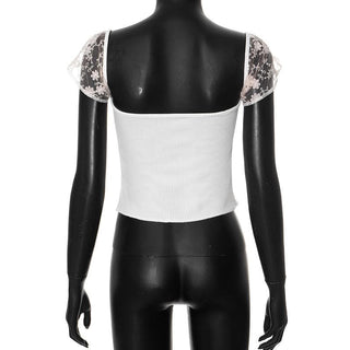 Cap sleeve lace flower embroidery ribbed top