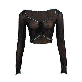 Long sleeve stitch sheer mesh ruffle crop top