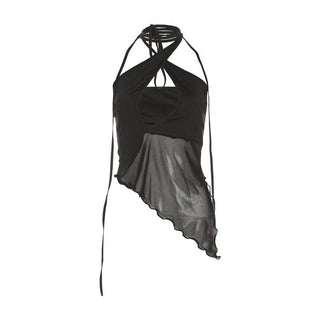 Halter mesh ruffle irregular backless top