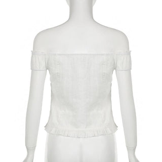 Off shoulder ruched button ruffle top