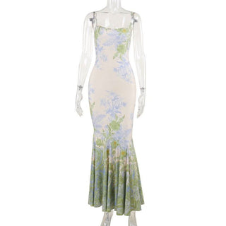 U neck flower print contrast cami maxi dress