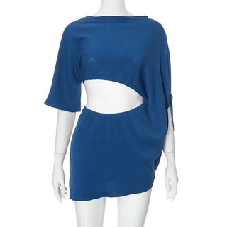 Irregular hollow out ribbed solid cut out mini dress