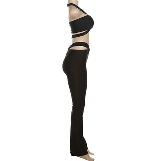 Halter hollow out ruched low rise crop pant set