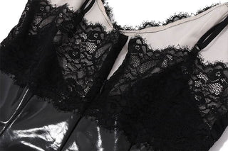 Lace hem v neck PU leather zip-up mini dress