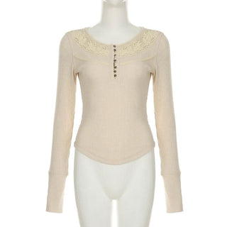 Round neck long sleeve lace ribbed solid top