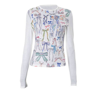Crewneck long sleeve bowknot print contrast top
