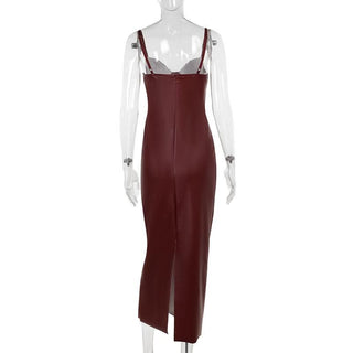 V neck slit zip-up PU leather backless cami midi dress
