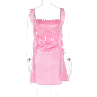 Cowl neck ruffle satin ruched cami mini dress