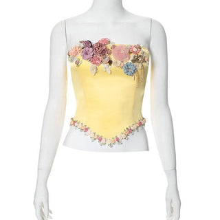 Satin bustier flower applique zip-up tube top