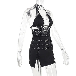 Halter buckle slit backless hollow out cut out mini dress