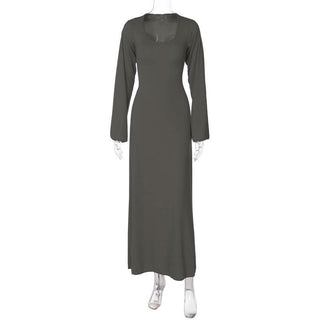 Long sleeve u neck ribbed solid maxi dress