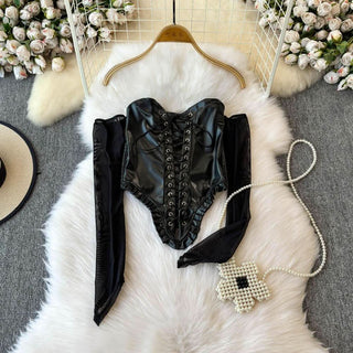 Off shoulder PU leather lace up smocked top