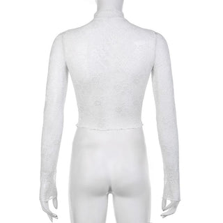 Long sleeve high neck lace see through top