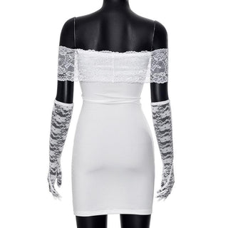 Off shoulder gloves patchwork lace mini dress