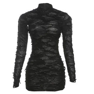 Long sleeve high neck see through hollow out cut out mini dress