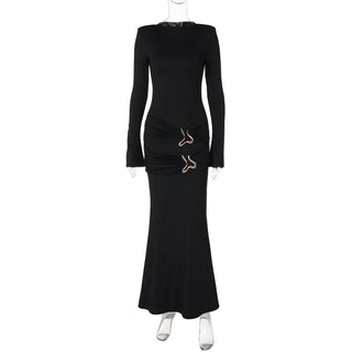 Long sleeve crewneck padded metal applique maxi dress
