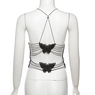 Sheer mesh butterfly applique see through backless solid top