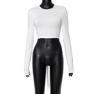 Self tie backless solid long sleeve crewneck top