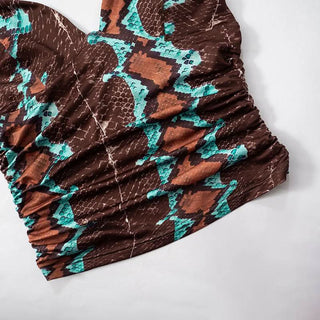 Ruched self tie halter v neck print contrast top