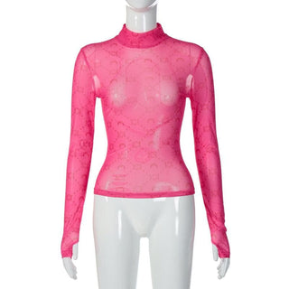 Sheer mesh see through solid long sleeve gloves print high neck top