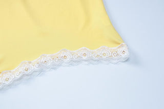 Square neck bowknot lace hem ruched cami top