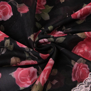 V neck lace hem backless rose print mesh cami top