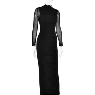 Long sleeve ruched mesh patchwork maxi dress-final-sale