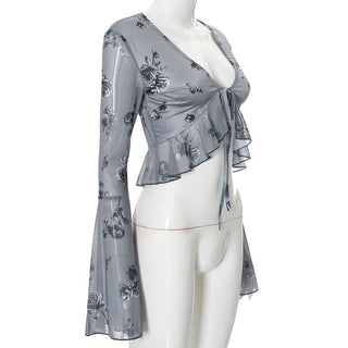 Long flared sleeve v neck self tie ruffle flower print top