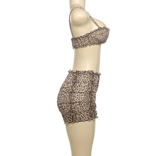 Leopard print ruffle ruched crop pant set