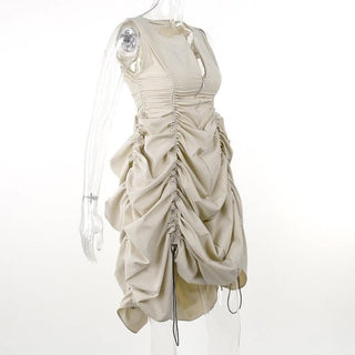 Drawstring sleeveless zip-up solid ruched mini dress-final-sale