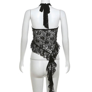 Halter mesh ruffle backless top