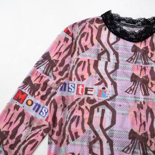 Long sleeve lace hem abstract print self tie short pant set