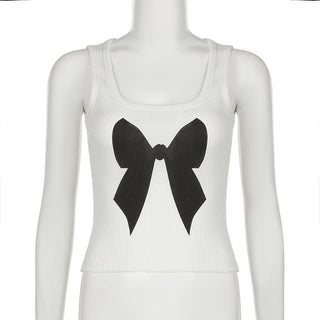 Square neck bowknot pattern ribbed tank top