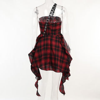 Ruffle plaid zip-up irregular one shoulder backless mini dress | victorian gothic dresses