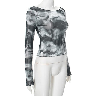 Long sleeve sheer mesh tie dye top