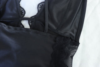 Deep v neck cross front lace hem backless cami mini dress