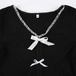 Short sleeve ruffle ruched bowknot ribbed top
