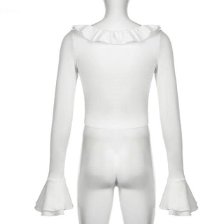 Long flared sleeve crewneck ruffle solid top