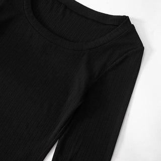 Long puff sleeve round neck ribbed ruched top