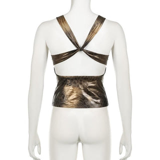 Leopard print v neck metallic cross back cami top