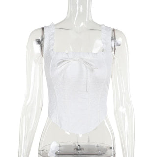 Ruched smocked textured bustier ruffle top