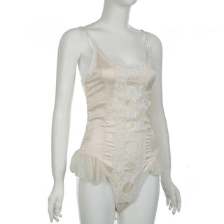 Lace patchwork satin ruffle cami bodysuit