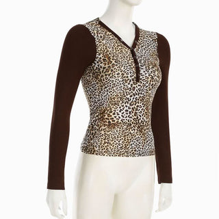 Leopard print long sleeve hoodie button top