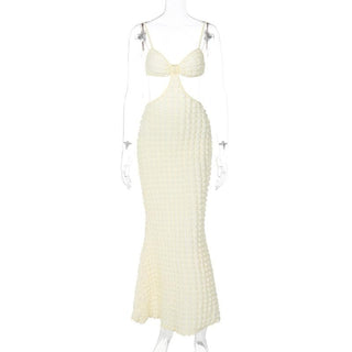 Solid hollow out waffle backless cami cut out midi dress