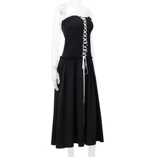 Smocked ruffle ruched lace up backless tube midi dress