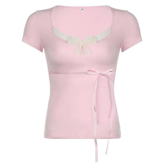 Short sleeve u neck bowknot lace hem top