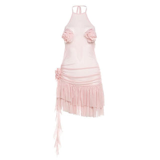 Halter sheer mesh ruffle flower applique mini dress