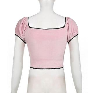 Short puff sleeve bowknot ribbon velvet top